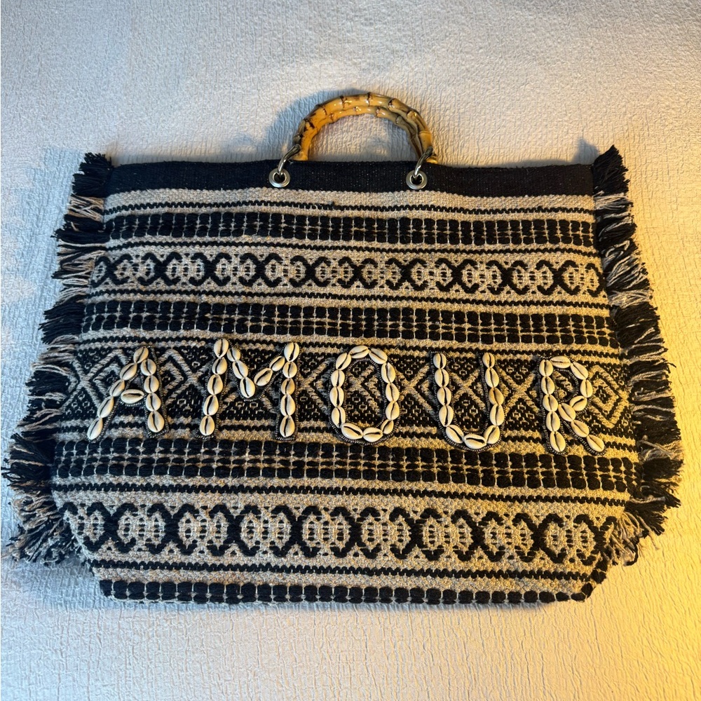 Beach Queen Elizabeth Black & Cream Woven Beach Bag with Bamboo Handle